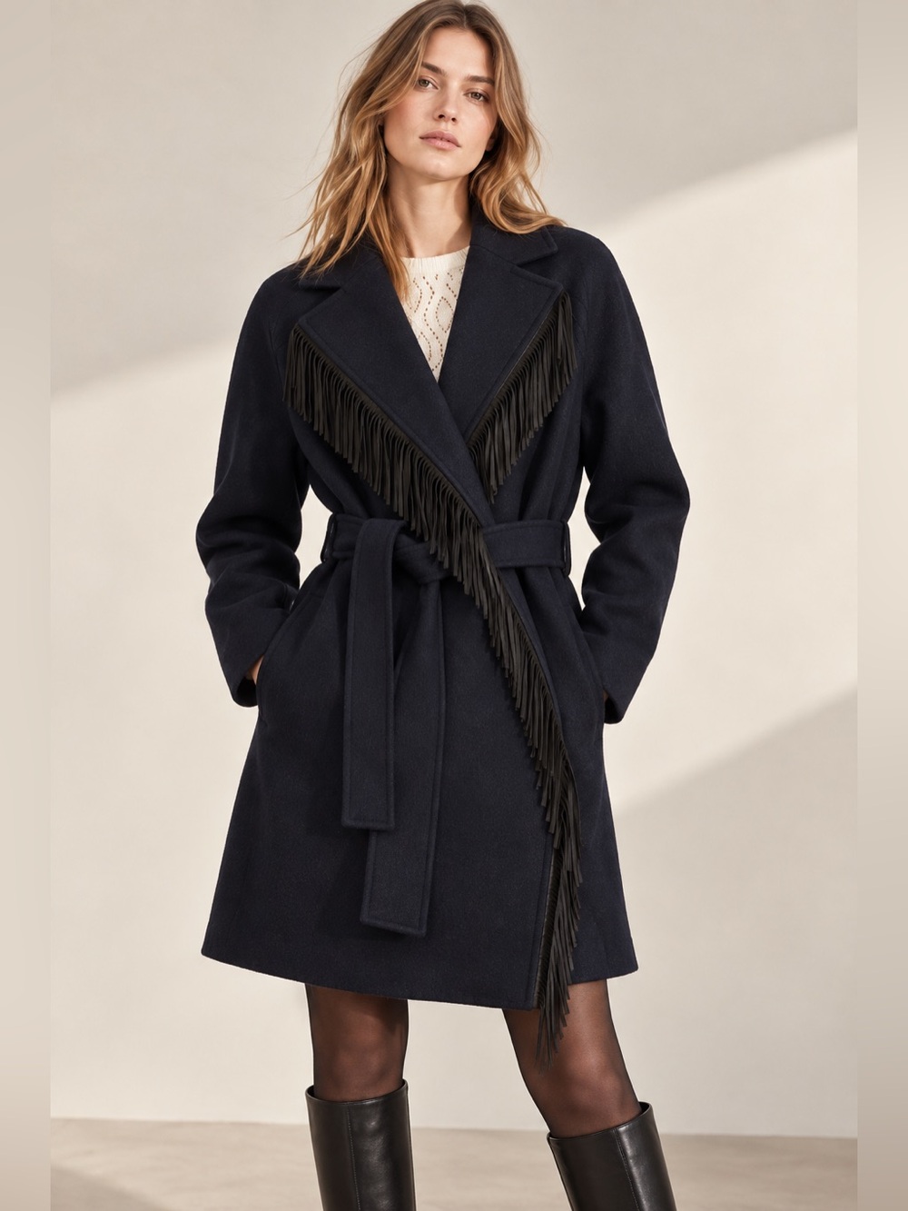 Maje Gypso Navy Wool Blend Fringe Belted Wrap Coat Jacket Size 2 (Medium)